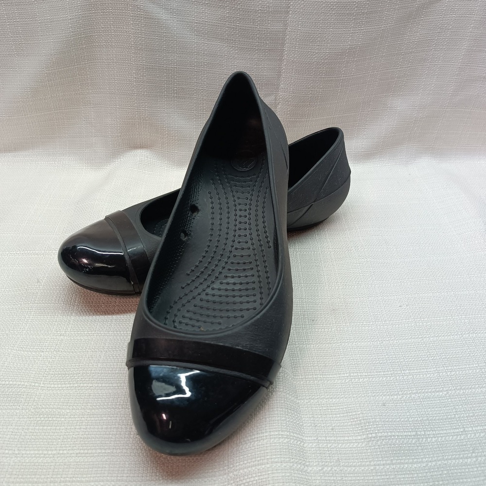 Crocs Gianna Alice Ballet Flats Black Patent Cap Toe Womens 8‎ Comfort Casual